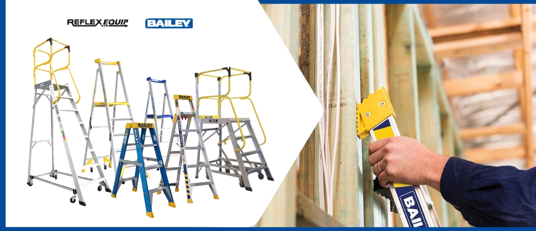 A range of Bailey ladders available at Reflex Equip, including step ladders, platform ladders, and specialty access solutions